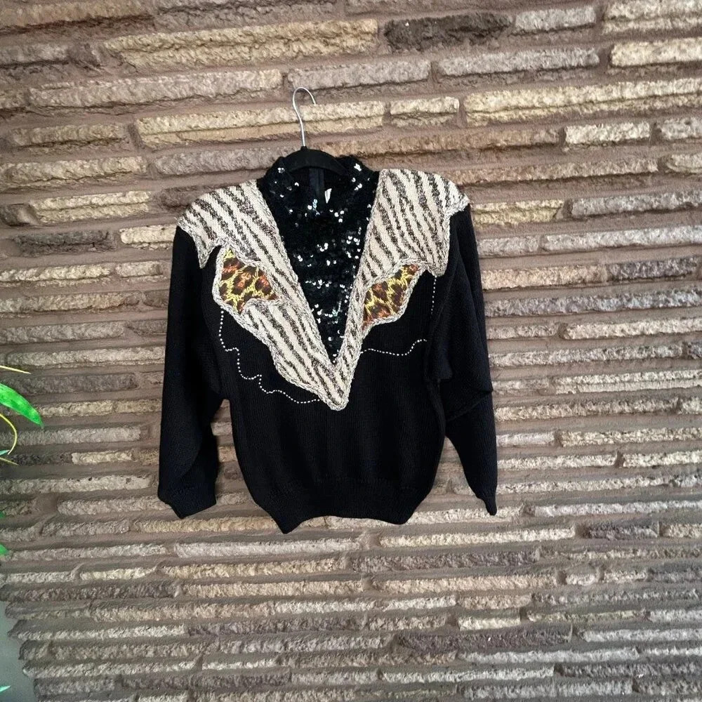 Vintage 80s Bonnie & Bill Zebra Print  Bling Embellished Sweater  NWT - Picture 3 of 10